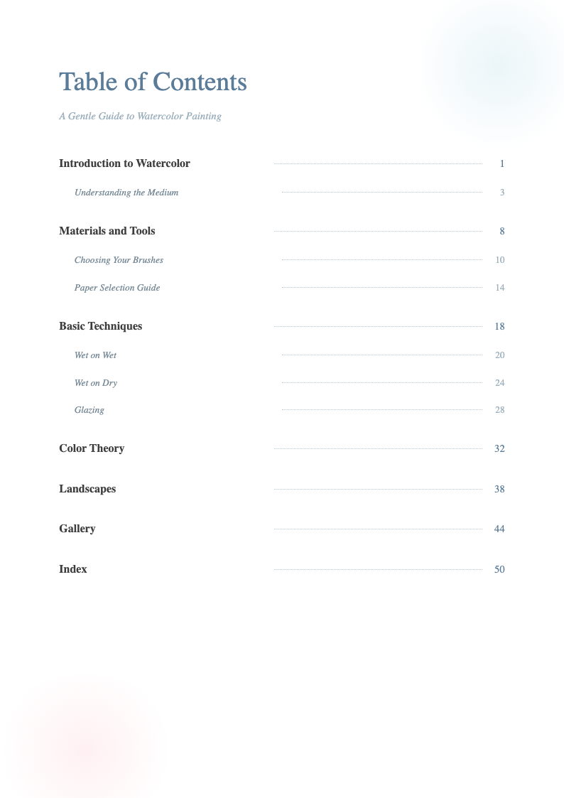 Watercolor soft table of contents